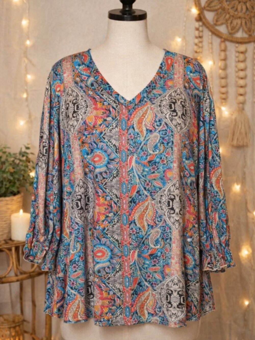 Rapbin Boho Paisley V-Neck Blouse XL Statement Sleeve Resortcore Flowy Artsy